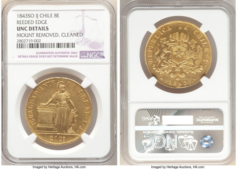 Republic gold 8 Escudos 1843 So-IJ UNC Details (Mount Removed, Cleaned) NGC, San...