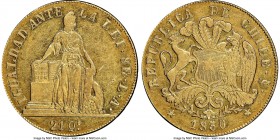 Republic gold 8 Escudos 1850 So-LA AU50 NGC, Santiago mint, KM105. With "DICIEMBRE" (December, month of striking) on edge. Slight strike weakness, wit...