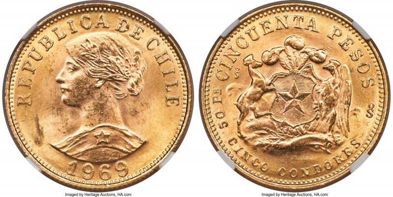 Republic gold 50 Pesos 1969-So MS64 NGC, Santiago mint, KM169. AGW 0.2943 oz. 

...