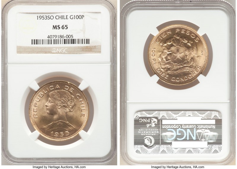 Republic gold 100 Pesos 1953-So MS65 NGC, Santiago mint, KM175. AGW 0.5885 oz. 
...