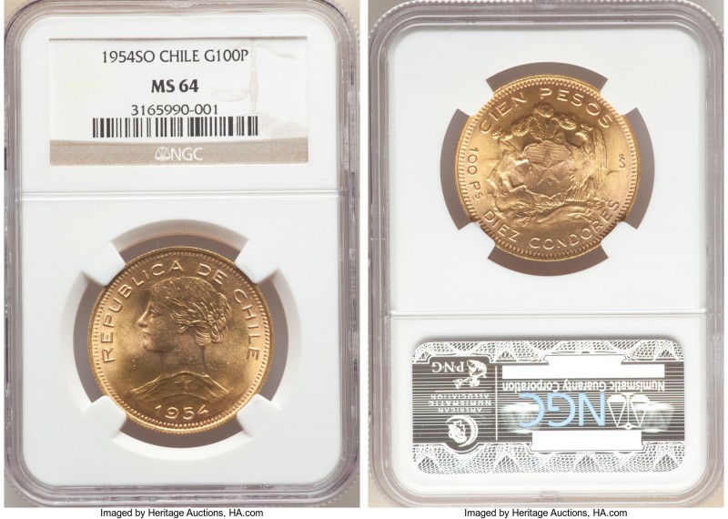 Republic gold 100 Pesos 1954-So MS64 NGC, Santiago mint, KM175. AGW 0.5885 oz. 
...