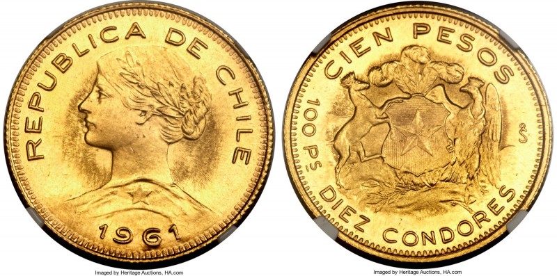 Republic gold 100 Pesos 1961-So MS66 NGC, Santiago mint, KM175. A choice example...