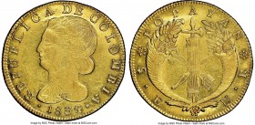 Republic gold 8 Escudos 1834/3 POPAYAN-UR MS62+ NGC, Popayan mint, KM82.2, Fr-68. Challenging at this lofty conditional level, with rich aurous luster...