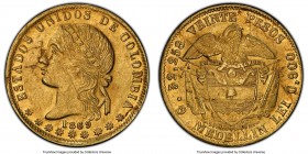 Estados Unidos gold 20 Pesos 1869-MEDELLIN AU55 PCGS, Medellin mint, KM142.2, Restrepo-337.5. Mintage: 7,313. Particularly lustrous in the margins wit...