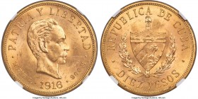 Republic gold 10 Pesos 1916 MS63+ NGC Philadelphia mint, KM20. Within a hair's breadth of being amongst the finest certified, an especially impressive...