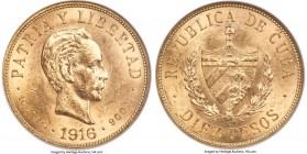 Republic gold 10 Pesos 1916 MS63 NGC, Philadelphia mint, KM20. Fully expressed with only light contact in the fields and full careening luster. 

HID0...