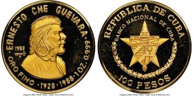 Republic gold Proof "Ernesto Che Guevara" 100 Pesos 1988 PR68 Ultra Cameo NGC, KM203. Mintage: 100. Commemorating the 60th Anniversary of the birth of...