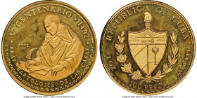 Republic gold Proof "Bartolome de Las Casas" 100 Pesos 1992 PR67 Ultra Cameo NGC, KM453. Mintage: 100. Celebrating the 500th anniversary of the voyage...
