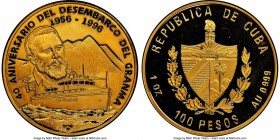 Republic gold Proof "Granma Landing" 100 Pesos 1996 PR68 Ultra Cameo NGC, KM920. In commemoration of the 40th anniversary of the Landing of the Granma...