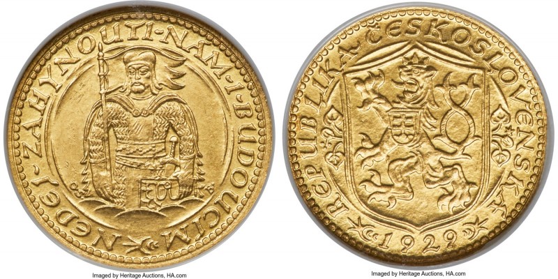 Republic gold Ducat 1929 MS62 NGC, Kremnitz mint, KM8, Fr-2. Trade coinage. A sc...