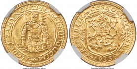 Republic gold Ducat 1933 MS63 NGC, Kremnitz mint, KM8. Mintage: 57,597. Highly choice with few signs of chatter observable over the surfaces. 

HID098...