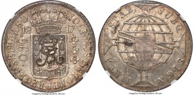 Danish Colony. Frederick VII Fantasy Counterstamped 960 Reis ND (1850) AU50 NGC, KM-X32.1. Displaying crowned FR VII countermark on a Brazilian João P...