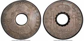 British Colony Countermarked 11 Bits ND (1798) VF35 PCGS, KM3.3, Prid-21. Circular central hole with crenated edges, cut from a Mexican 8 Reales, 1791...