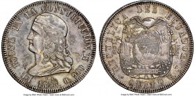 Republic 5 Francos 1858 QUITO-GJ MS62 NGC, Quito mint, KM39, Seppa-EC73, El-2. Obv. Eagle over arms, dividing the denomination 5-F. Rev Head left with...