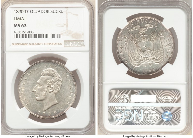 Republic Sucre 1890 LIMA-TF MS62 NGC, Lima mint, KM53.3. Expertly struck and sti...