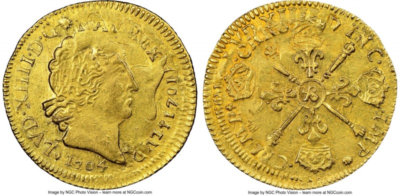 Louis XIV gold Louis d'Or 1704-& MS62 NGC, Aix mint, KM365.24. Overstruck on a 1...