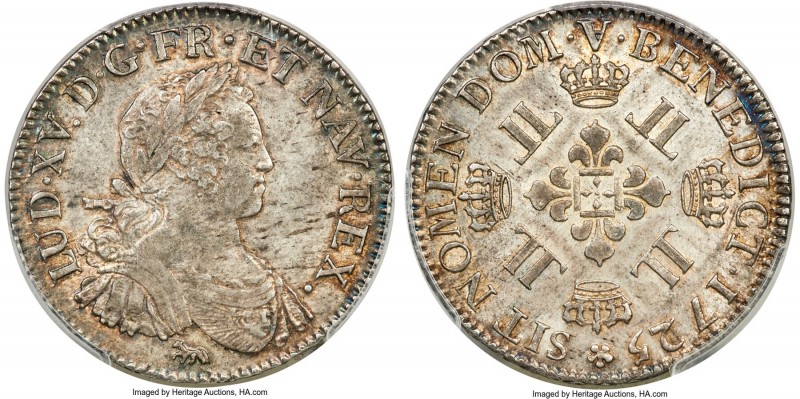 Louis XV 1/2 Ecu 1725-A AU58+ PCGS, Paris mint, KM478.1. Type known as, "Demi Ec...