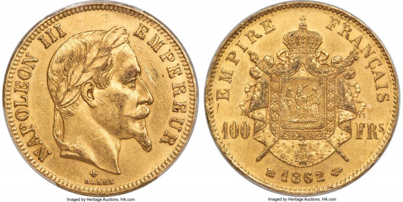 Napoleon III gold 100 Francs 1862-BB MS61 PCGS, Strasbourg mint, KM802.2, Fr-581...