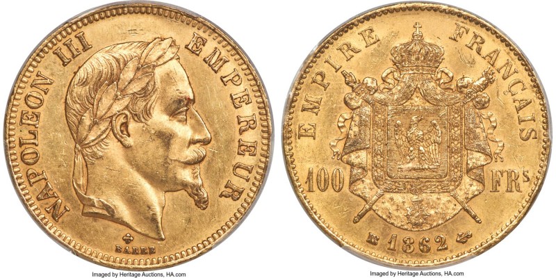 Napoleon III gold 100 Francs 1862-BB MS61 PCGS, Strasbourg mint, KM802.2, Fr-581...