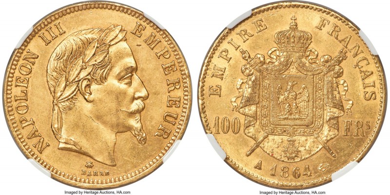 Napoleon III gold 100 Francs 1864-A MS61 NGC, Paris mint, KM802.1, Fr-581, Gad-1...