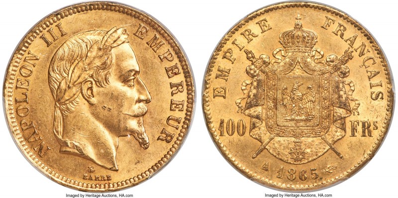 Napoleon III gold 100 Francs 1865-A MS61 PCGS, Paris mint, KM802.1, Fr-581, Gad-...