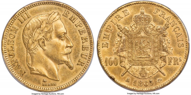 Napoleon III gold 100 Francs 1865-A AU55 PCGS, Paris mint, KM802.1, Fr-580. From...