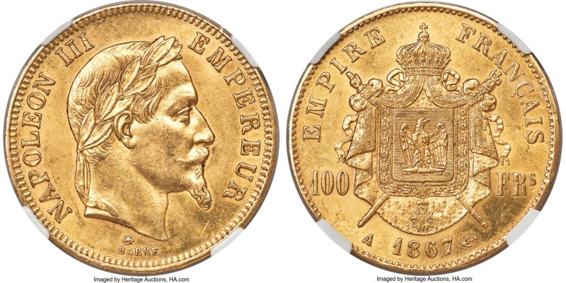 Napoleon III gold 100 Francs 1867-A MS62 NGC, Paris mint, KM802.1, Fr-580. From ...