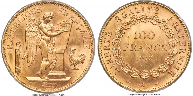 Republic gold 100 Francs 1913-A MS63 PCGS, Paris mint, KM858, Gad-1137a, Fr-553....