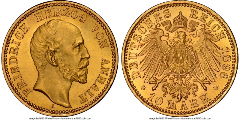 Anhalt-Dessau. Friedrich I gold 10 Mark 1896-A MS65 NGC, Berlin mint, KM25. The ...