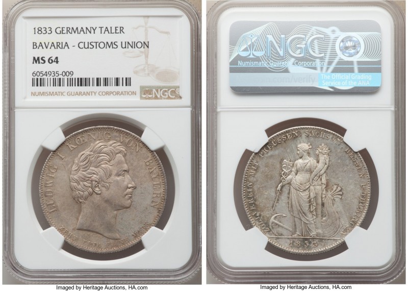 Bavaria. Ludwig I "Customs Union" Taler 1833 MS64 NGC, KM762, Dav-569. Commemora...