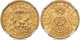 Bremen. Free City gold 20 Mark 1906-J MS66 NGC, Hamburg mint, KM252. Beaming with satiny brilliance and with very few surface marks to speak of. Quite...