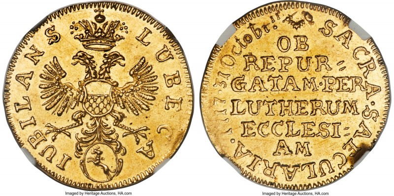 Lübeck. Free City gold Ducat 1717 MS62 NGC, KM133, Fr-1494, Whiting-202. Commemo...