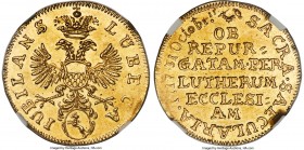 Lübeck. Free City gold Ducat 1717 MS62 NGC, KM133, Fr-1494, Whiting-202. Commemorating the 200th anniversary of the Reformation. A highly lustrous nea...