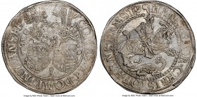 Mansfeld. Johann Georg I, Peter Ernst I, & Christoph II Taler ND (1558-1573) AU50 NGC, Dav-9488. A lively depiction of St. George slaying the dragon. ...