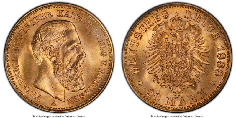 Prussia. Friedrich III gold 20 Mark 1888-A MS66 PCGS, Berlin mint, KM515. One-ye...