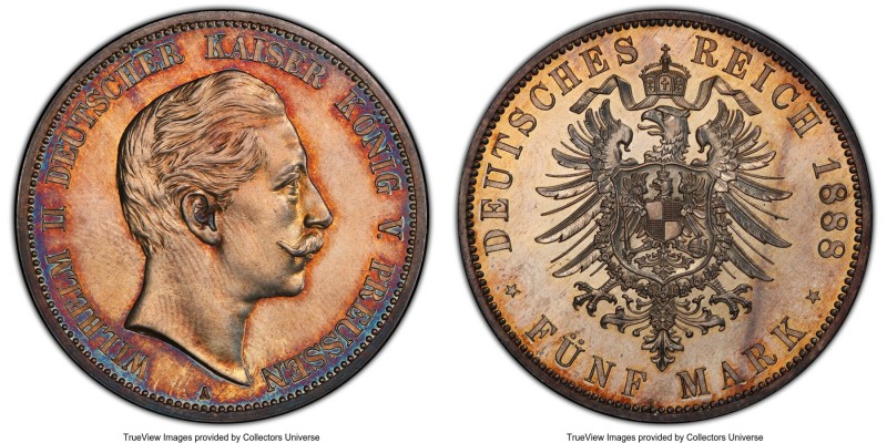 Prussia. Wilhelm II Proof 5 Mark 1888-A PR64 PCGS, Berlin mint, KM513, J-101. A ...