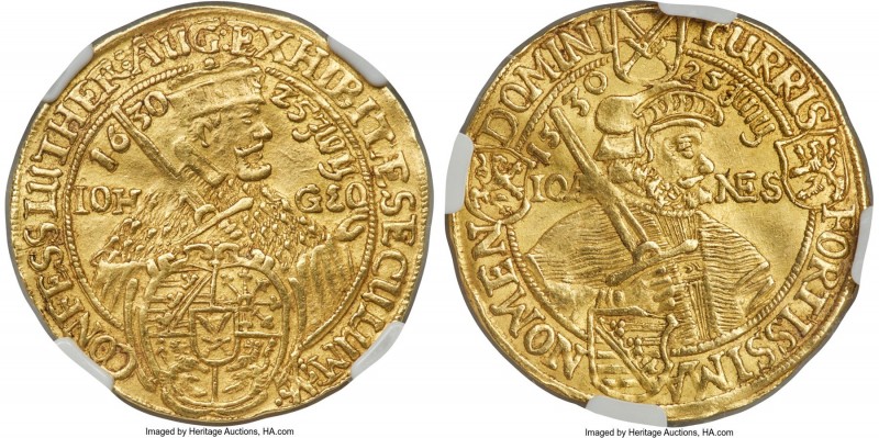 Saxony. Johann Georg I gold 2 Ducat 1630 AU55 NGC, KM421, Fr-2701. Sharply detai...