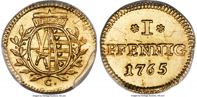 Saxony. Friedrich August III gold Specimen Pattern Pfennig 1765-C SP65+ PCGS, Dr...