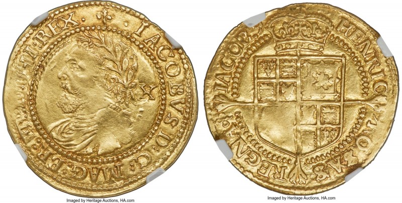 James I gold 1/2 Laurel ND (1623-1624) AU58 NGC, Tower mint, Lis mm, S-2641A, N-...