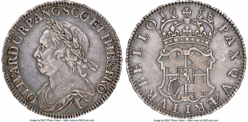 Oliver Cromwell 1/2 Crown 1658 AU58 NGC, KM-B207, S-3227A, ESC-252. Dressed in p...