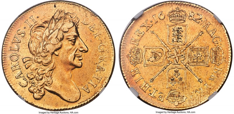 Charles II gold 2 Guineas 1682 AU53 NGC, KM443.1, S-3335, Schneider-Unl. A super...