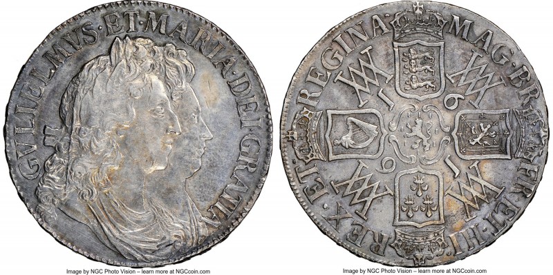 William & Mary Crown 1691 AU Details (Obverse Tooled) NGC, KM478, S-3433, Dav-37...