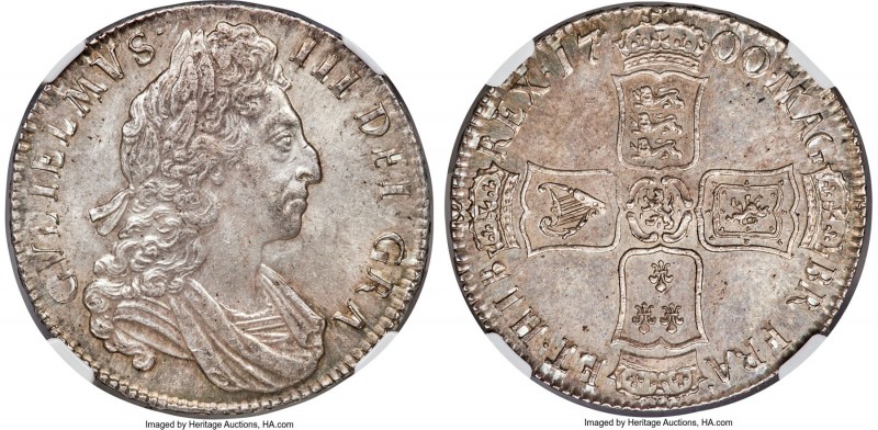 William III Crown 1700 MS63 NGC, KM494.3, S-3474. A pleasing piece, sharply stru...