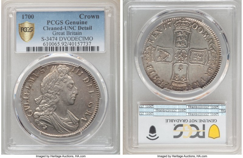 William III Crown 1700 UNC Details (Cleaned) PCGS, KM494.3, S-3474. DVODECIMO ed...