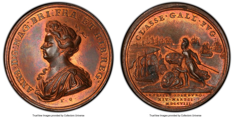 Anne bronze Specimen "Attempted Invasion of Scotland" Medal 1708 SP65 Red and Br...