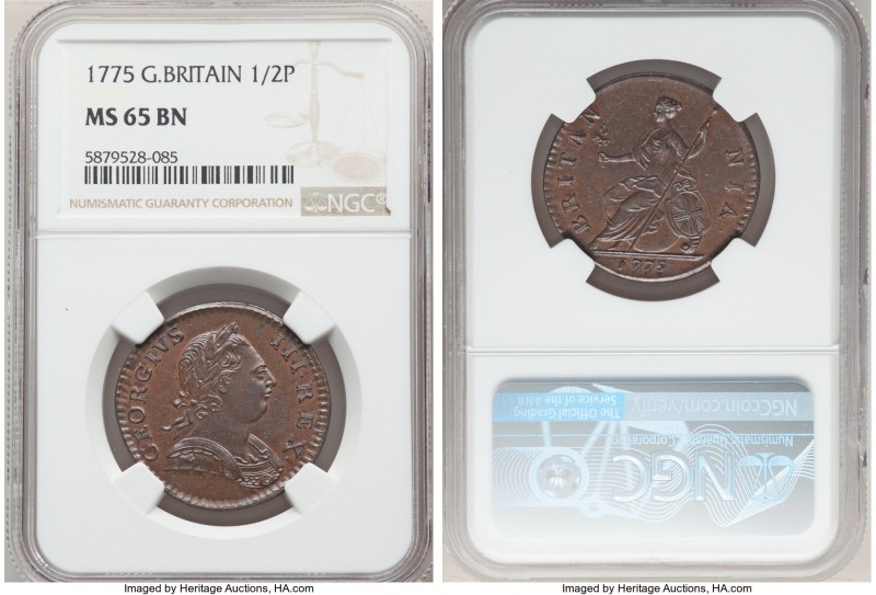 George III 1/2 Penny 1775 MS65 Brown NGC, KM601, S-3774. A stellar piece from al...