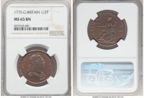 George III 1/2 Penny 1775 MS65 Brown NGC, KM601, S-3774. A stellar piece from all angles, it seems almost conservative to merely call the coin at hand...