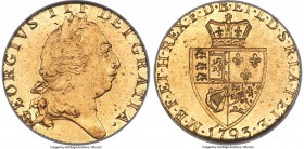 George III gold Guinea 1793 MS62 NGC, KM609, S-3729. Wholly brilliant and featuring a bright display of luster that enlivens the fields upon rotation ...