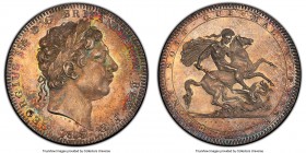 George III Crown 1818 MS63 PCGS, KM675, S-3787. LVIII edge. Dressed in a variegated pattern of rainbow tone, every detail sharp and well-expressed aga...