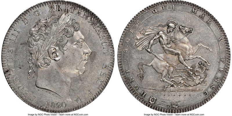 George III Crown 1820 MS63 NGC, KM675, S-3787. LX Edge. Decorated in an airy sil...